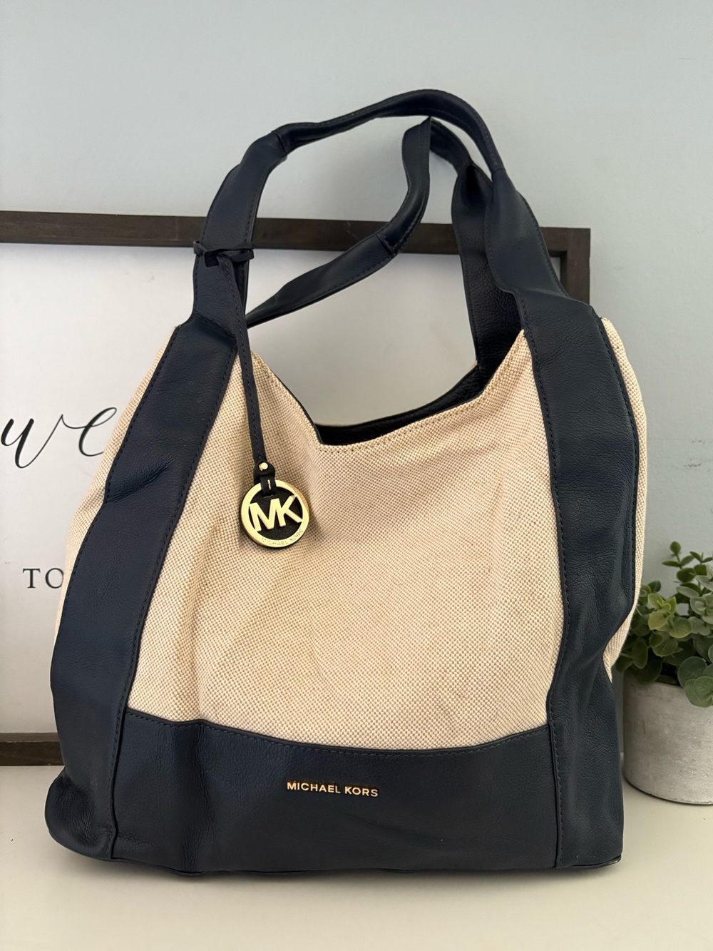 Michael Kors Marlon Large Canvas Leather admiral Shoulder handbag Tote bag